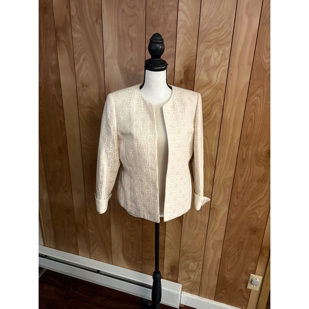 Kasper Petite Open Front Blazer Cream Beige Geometric Jacquard Jacket 6P
